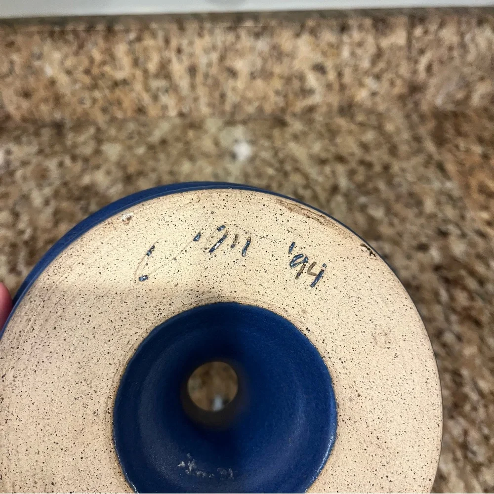Vintage 90s Blue Pottery Hand Thrown Candlestick Taper Candle Holder Cottagecore